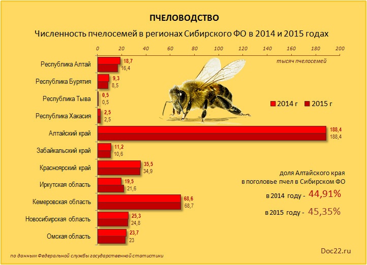 Doc22.ru Пчеловодство. Численность пчелосемей в регионах Сибирского ФО в 2014 и 2015 годах.