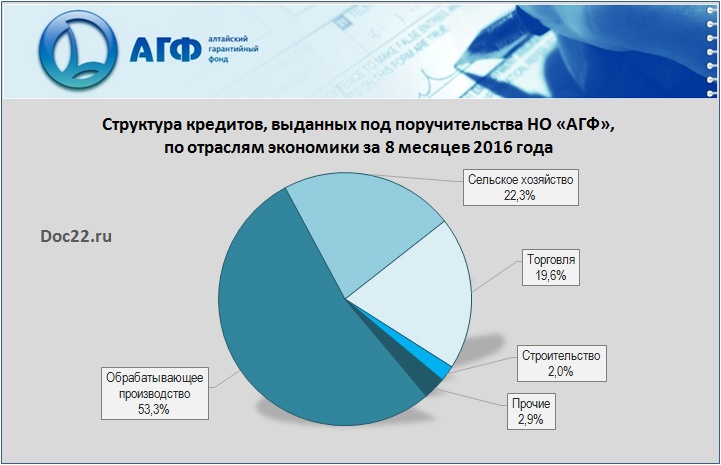 Doc22.ru Структура кредитов, выданных под поручительства НО «АГФ», по отраслям экономики за 8 месяцев 2016 года