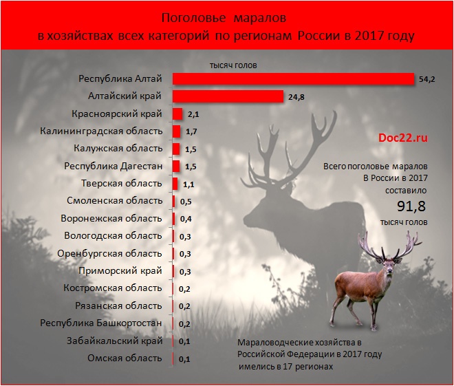 Doc22.ru Поголовье  маралов  в хозяйствах всех категорий по регионам России в 2017 году